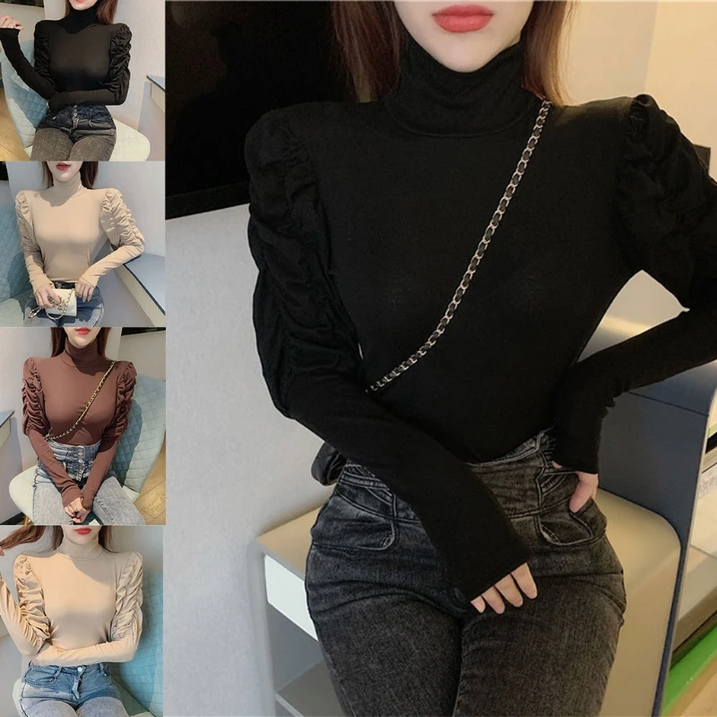 

Women Vintage Puff Long Sleeve T Shirt Turtleneck Solid Color Slim Pullover Tops LX9E
