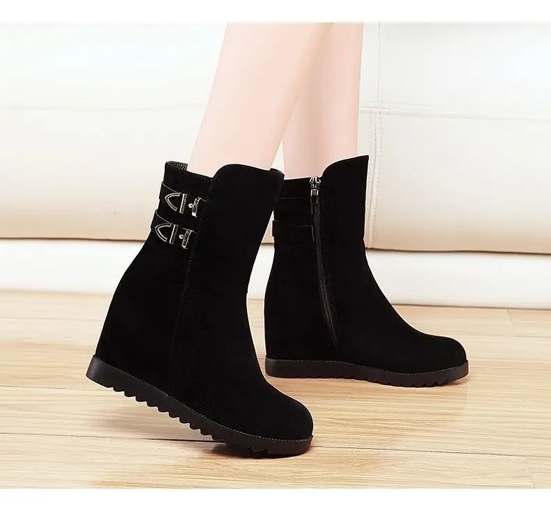 

Осенне-зимние повседневные женские ботинки, женские ботильоны на высоком каблуке с металлической пряжкой, зимняя женская обувь на скрытой ...