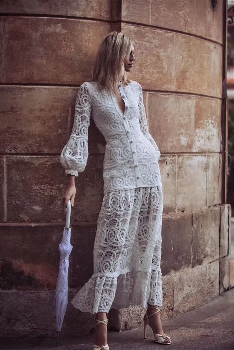 Женское длинное кружевное платье черно-белое осень 2019 | Женская одежда