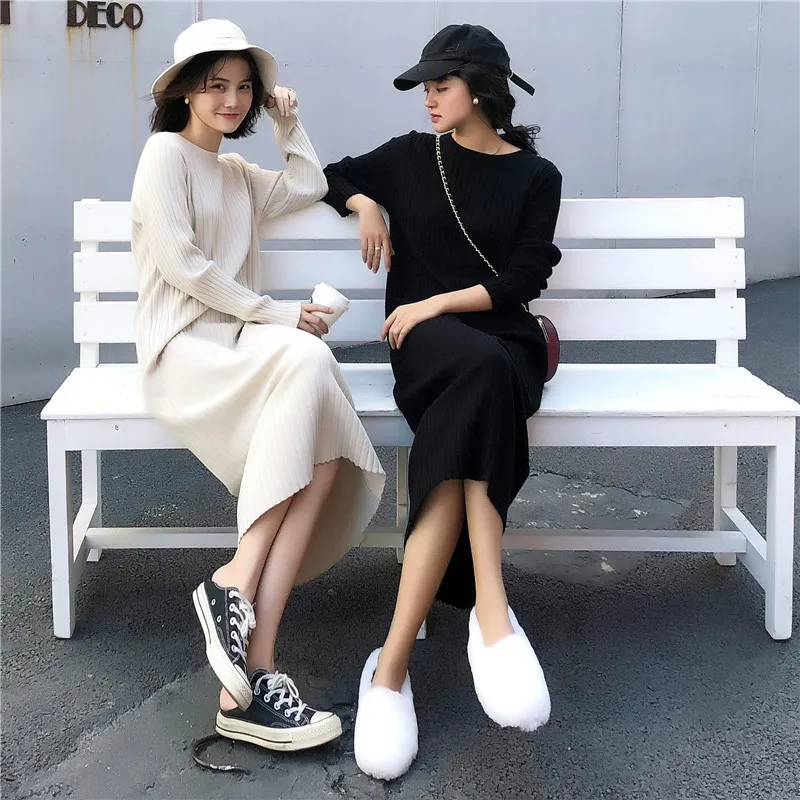 Платье Свитер женское с длинным рукавом круглым вырезом Плиссированное прямое