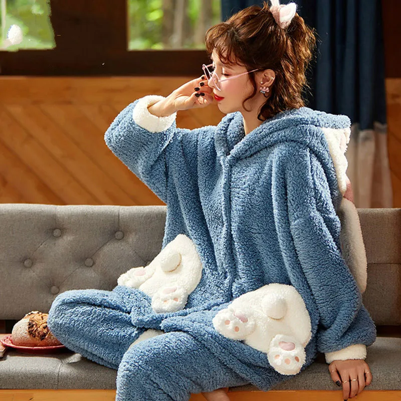 Pajamas Set Women Thick Flannel Cute Hooded Sleepwear Autumn and Winter Warm Lamb Velvet Nightwear Ladies Fashion Home Service