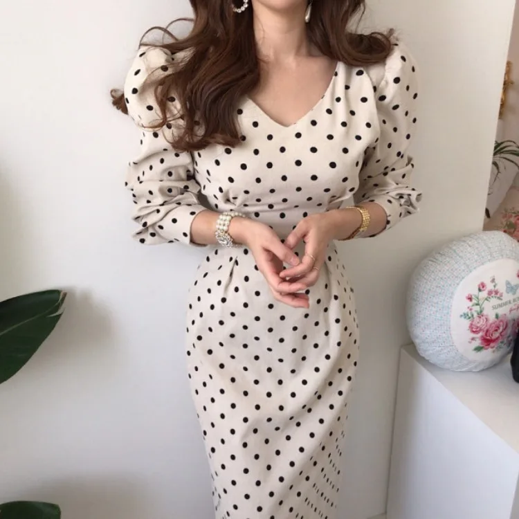 Весенне осеннее женское Повседневное платье трапециевидной формы в горошек во