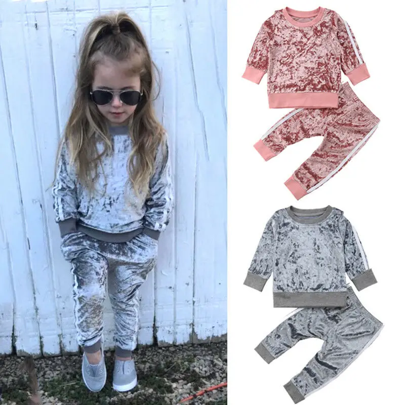 

2021 Autumn Winter Velvet Kids Baby Girls Clothes Sets Solid Long Sleeve T-shirt Tops + Pants 2PCS Outfit Sets 1-5T Dropshipping