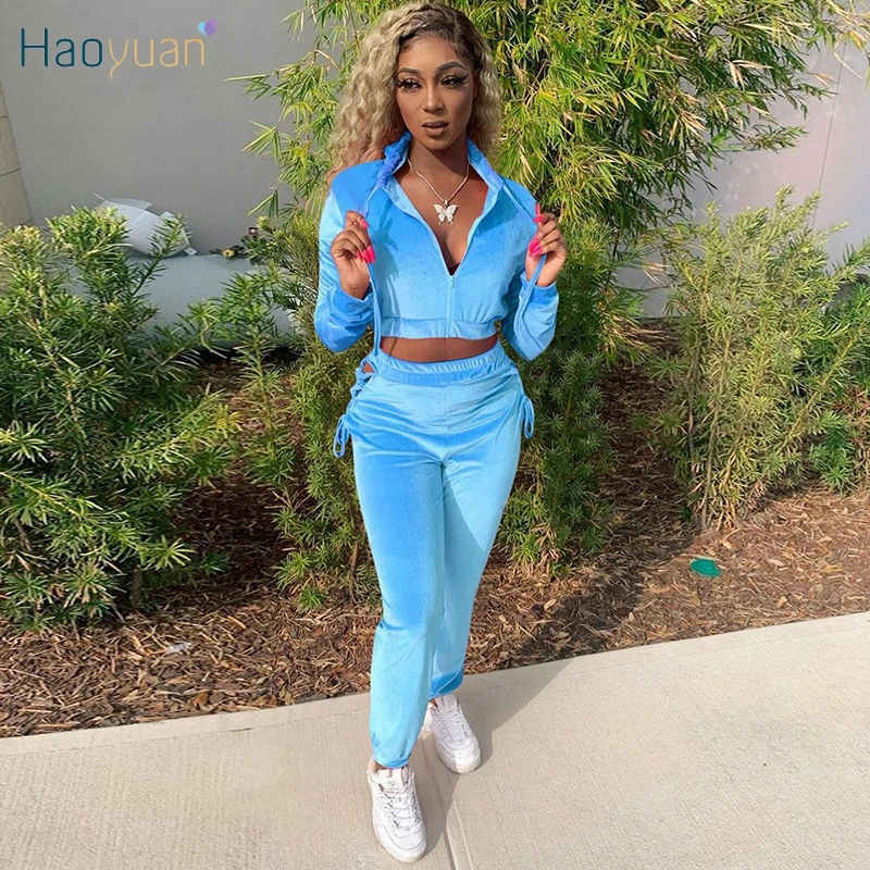 

Сексуальный Бархатный комплект из двух предметов HAOYUAN, укороченные толстовки с длинным рукавом, обтягивающие боковые Полые Брюки-карандаш, ...