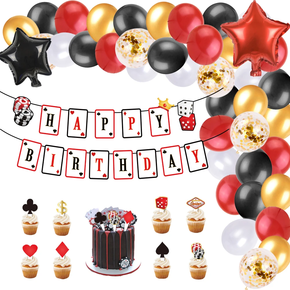 

Las Vegas Casino Themed Birthday Party Decoration Set Playing Card Balloons Cake Topper Casino Happy Birthday Backdrop Decor