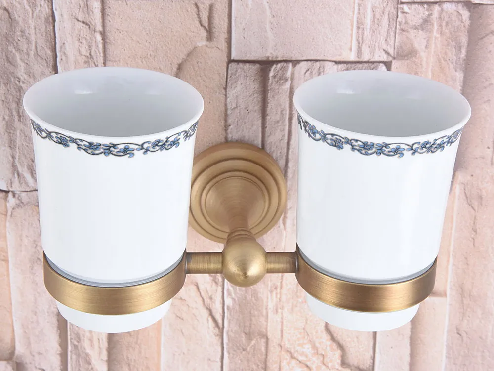 Classic Antique Brass Hotel Bathroom Wall Mount Double Lace Ceramic Cups Toothbrush Holder 2ba738