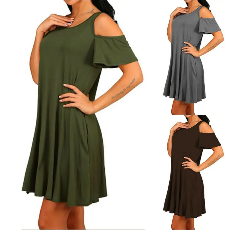 

Womens Cold Shoulder Short T-Shirt Dress Plain Casual Baggy Loose Mini Dress