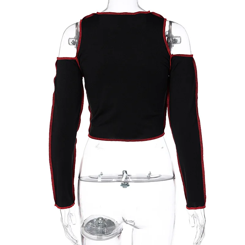 

Contrast Stitch Black Sexy Fitted Tshirts Women Gothic Clothing Harajuku Cold Shoulder Long Sleeve Crop Tops