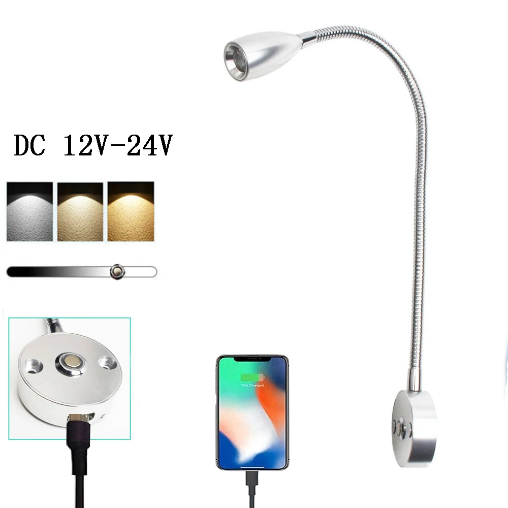 

DWT 3W RV Boat LED Bedside Reading Light with USB Charing Port Gooseneck Touch Dimmable Wall lamp Yacht Truck Trailer Spotlight