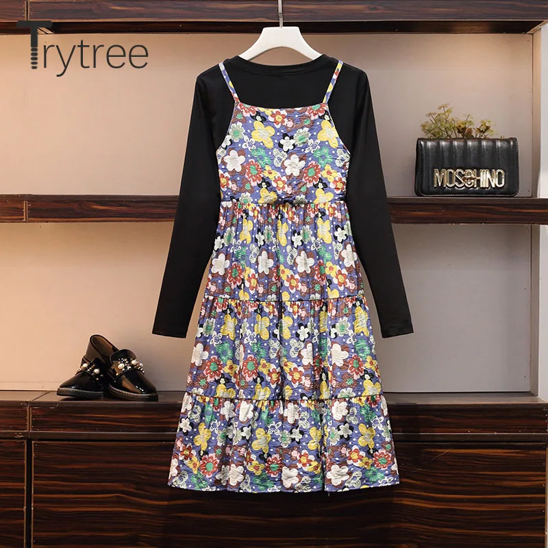Trytree Spring Women Dress Casual O-neck Black Top Patchwork Sling Print Office Lady Fake two pieces Knee-Length | Женская одежда
