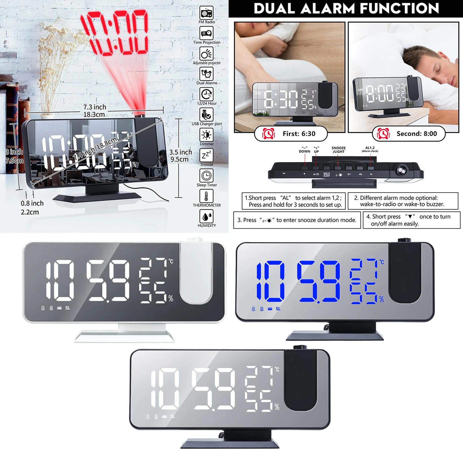 

Mirror LED Alarm Clock Radio Night Light Digital Thermometer w/ USB Charging