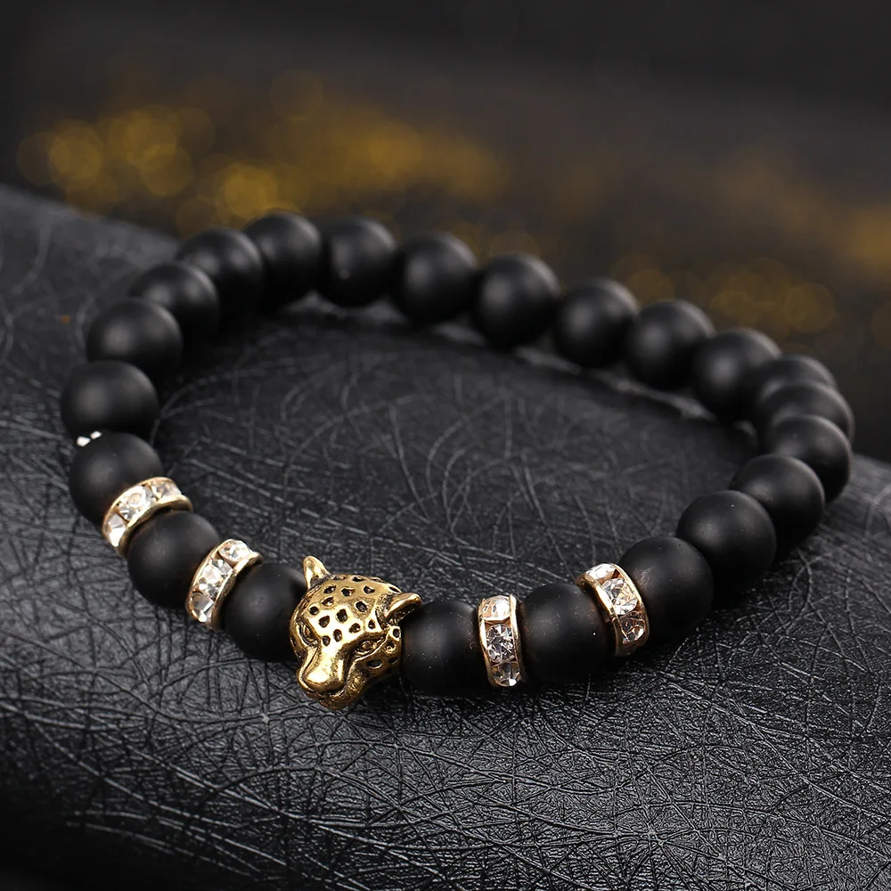

Natural stone Beads men bracelets Lucky Charm Matte Black Natural stone Beads Onyx Stone Matt Tiger Leopard Bracelets for men