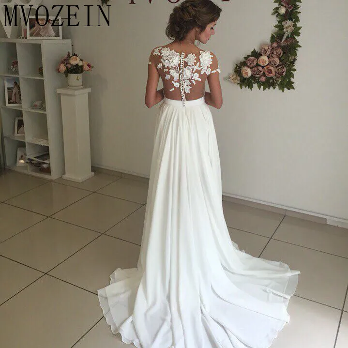 Boho White Wedding Dresses Chiffon A-Line Cap Sleeves Lace Bridal Gowns High Split Dress vestido de noiva | Свадьбы и торжества