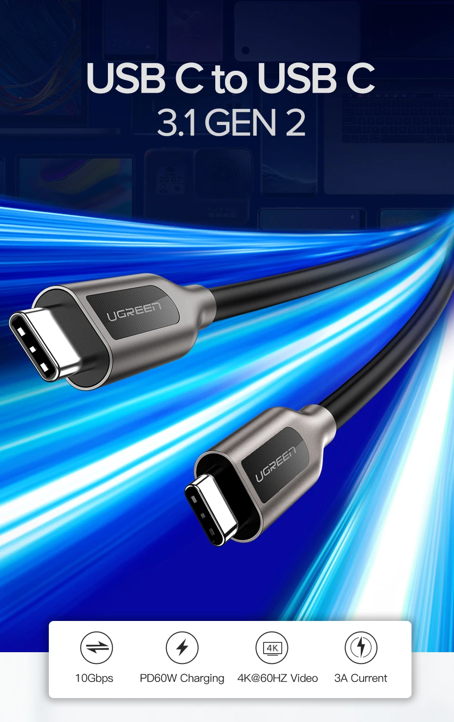 Ugreen PD 60 USB C к USB C 3,1 кабель для samsung Galaxy S10 S9 3A быстрое зарядное устройство кабель для передачи данных для Macbook