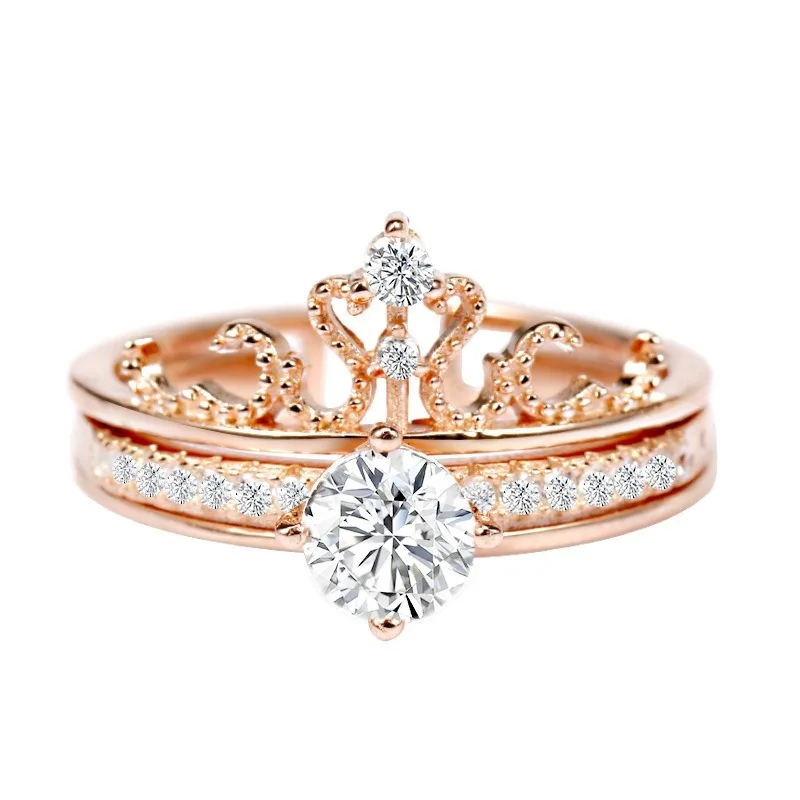 Rose Gold ЦИРКОНИЕВЫЕ кольца в форме короны для женщин, серебро/розовое золото, два в одном, кольцо, регулируемое кольцо на палец, женское свадебное ювелирное изделие, подарок - Цвет основного камня: Rose Gold
