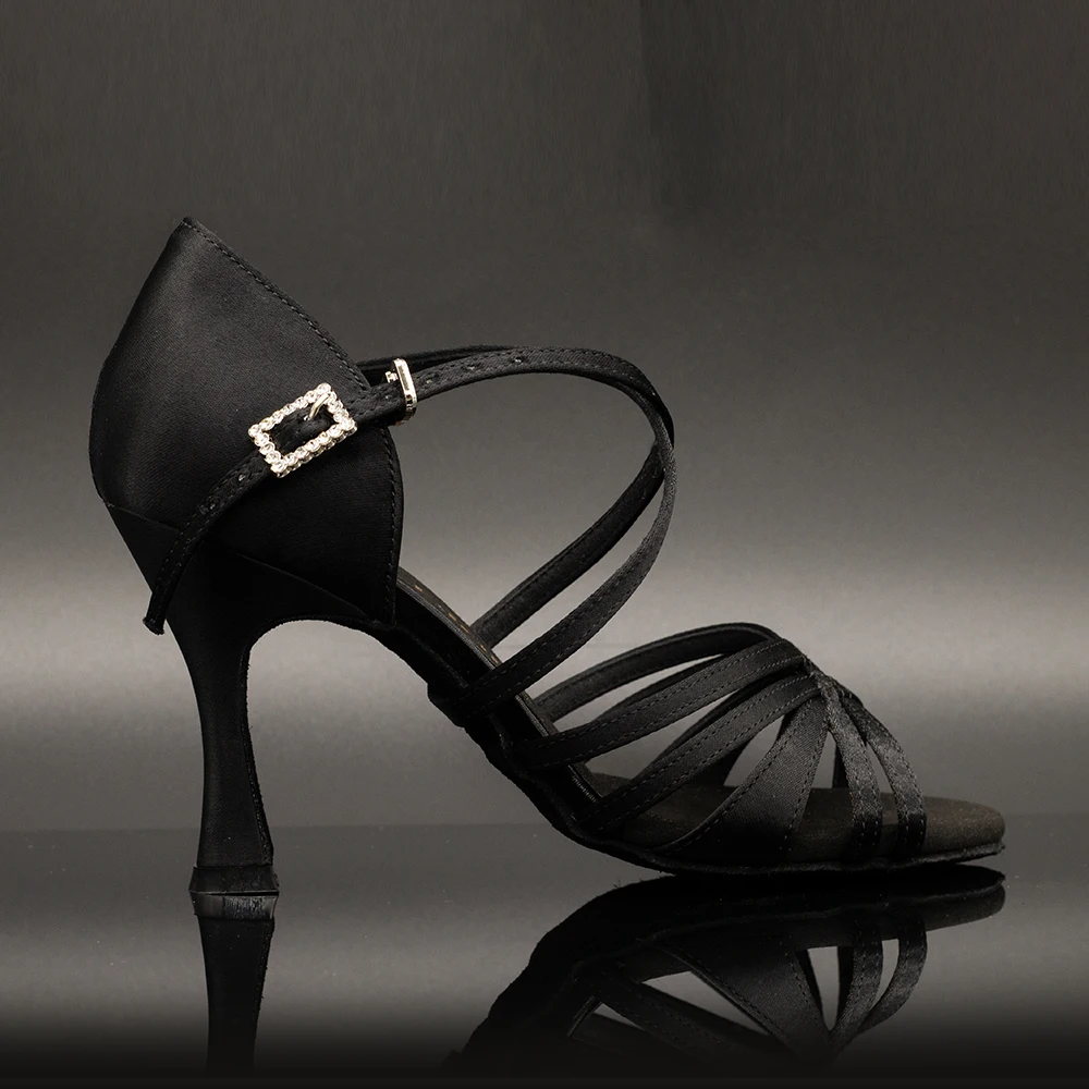 

Suphini【Deborah】Black Satin 5 Strap 7.5/8.5cm Flare Heel Dance Sandals