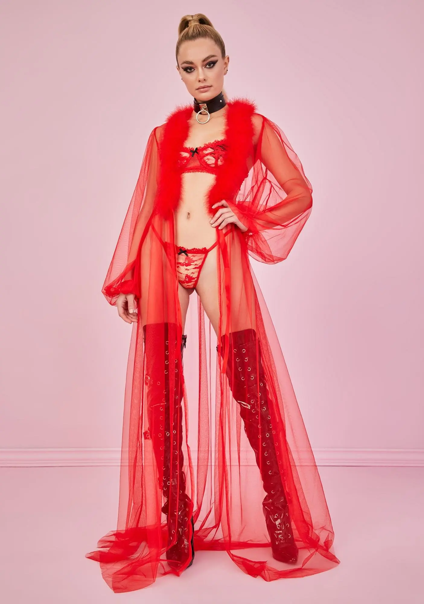 

Women Sexy Robes Fuzzy Fur Collar Mesh Sheer Cover-ups See Through Long Sleeve Tied-Waist Long Gown Lingerie Maxi Cardigans Robe