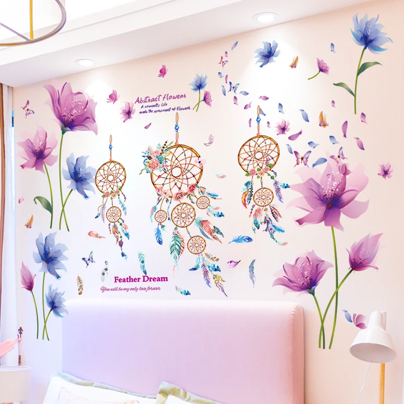 

[SHIJUEHEZI] Flowers Plants Wall Stickers DIY Dreamcatcher Feathers Wall Decals for Living Room Kids Bedroom Kitchen Decoration
