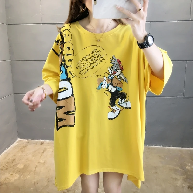 

2021 Summer New Korean Style Oversize Women's Clothing Fat Mm200 Jin Mid-Length Short Sleeve T-shirt for Women Cartoon Top