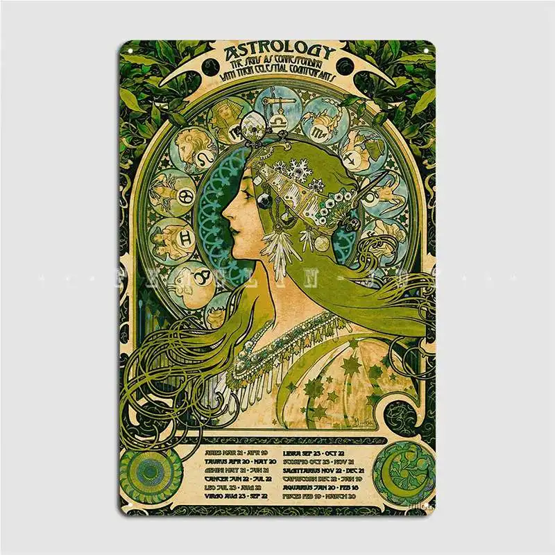 

Emerald Green Vintage Astrology Alphonse Mucha Metal Plaque Poster Painting Décor Club Bar Cinema Kitchen Tin Sign Posters