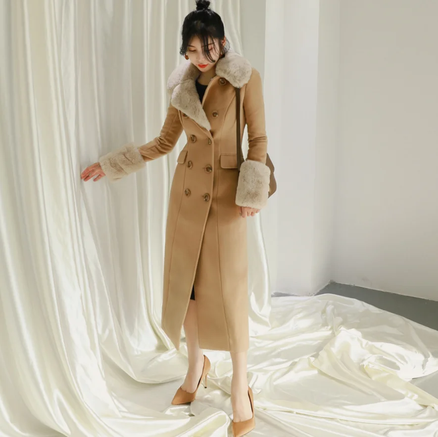 

2020 Winter Fashion Plus Size Woolen Cotton Brown Ankle-length Fur Coat Women