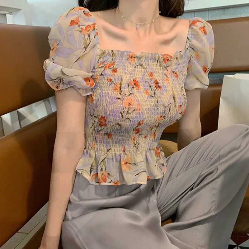 

Sexy Cute Off Shoulder Slim Fashion Folds Shirts Short Sleeve Blouse 2020 Summer Women Short Crop Tops Blouses Korean Clothes