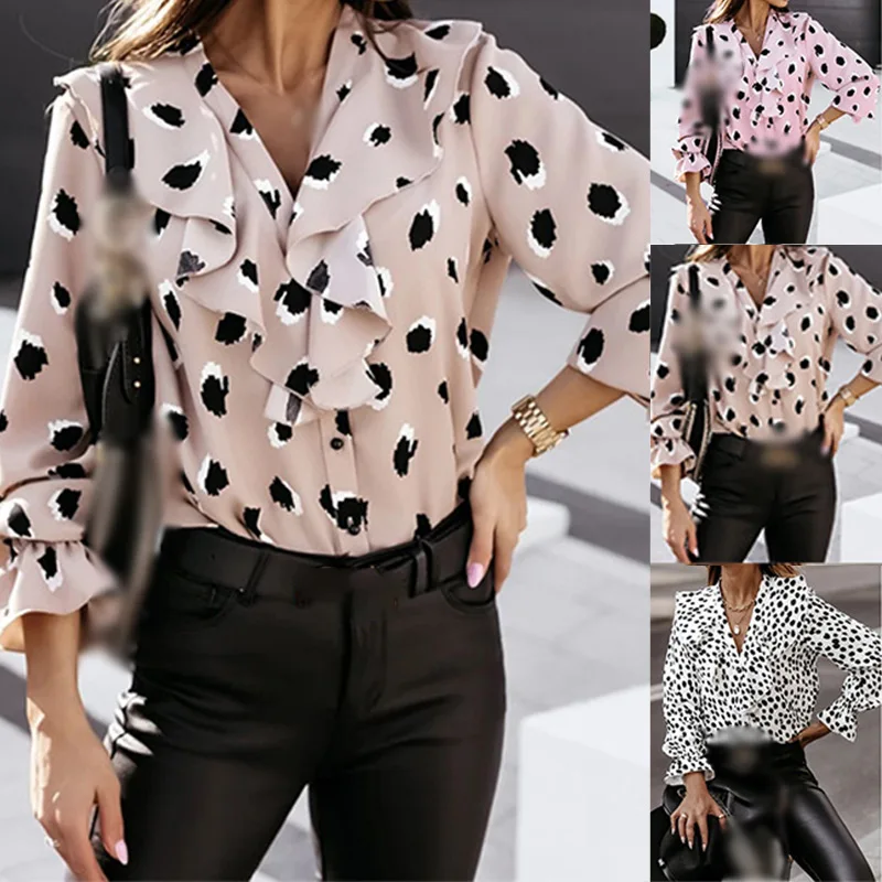 

2021 Spring Point Print Women's Shirts Ruffles Long Sleeve V-Neck Single Breasted Female Shirt Fashion Casual Elegant Ladies Top