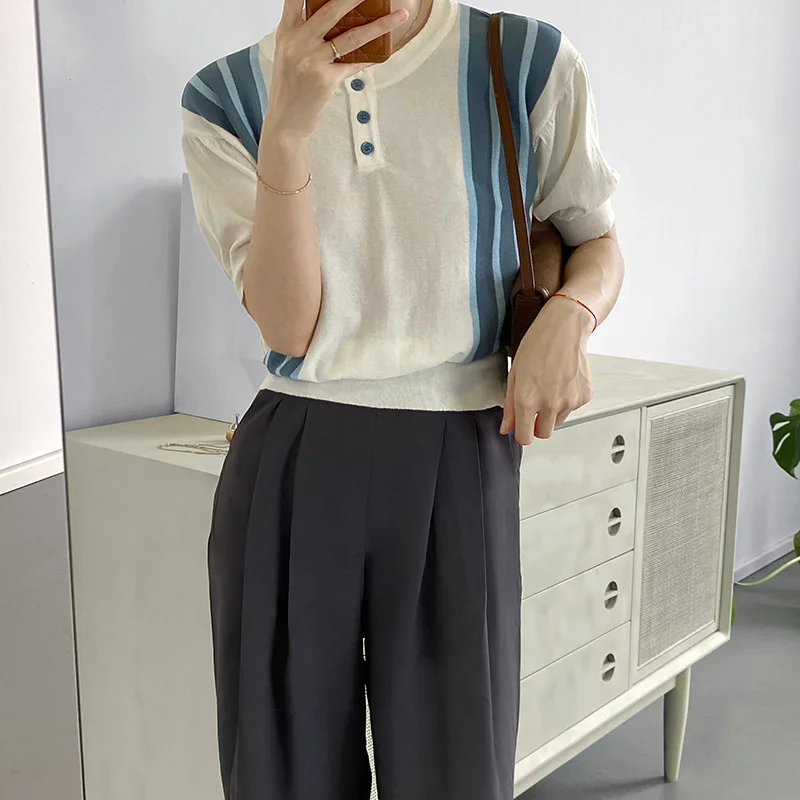 

Patchwork Striped Knitted T Shirt Women Half Sleeve Slim Casual Summer Tee Shir Tops