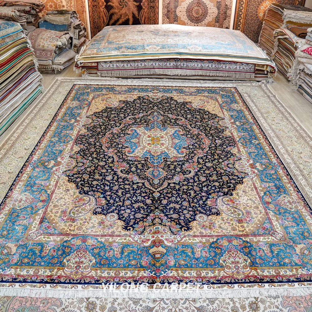 Восточные шелковые коврики Yilong 10 'x 14' персидский медальон большой синий
