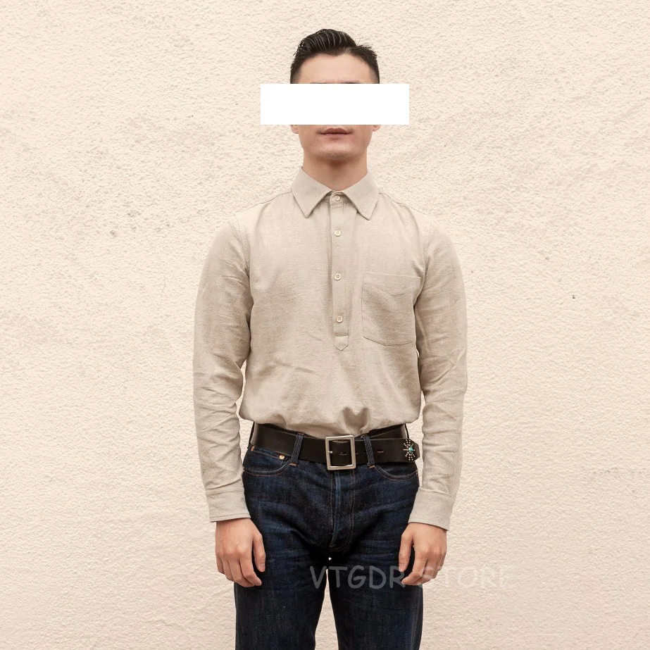 

Мужской винтажный отложной воротник из льна, Рабочая Рубашка натуральный классический крой