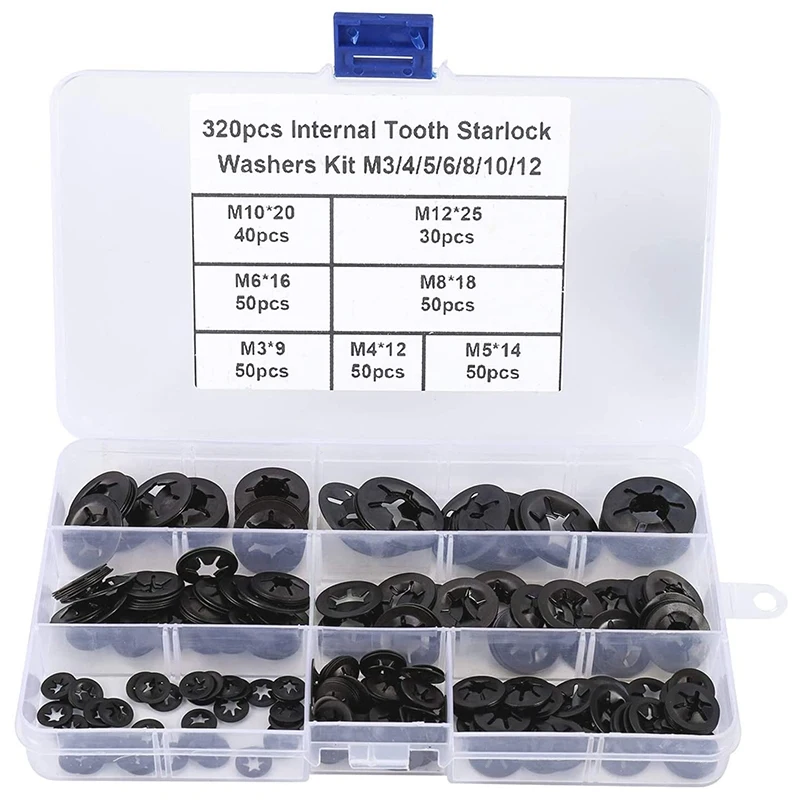 

New 7 Sizes 320PCS Internal Tooth Starlock Washers Quick Speed Locking Washers Push on Speed Clips Fasteners Assortment Kit