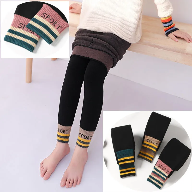

2021 Winter New Girls Cashmere Sports Cotton Pants Children Striped Solid Color Plus Velvet Thickened Leggings