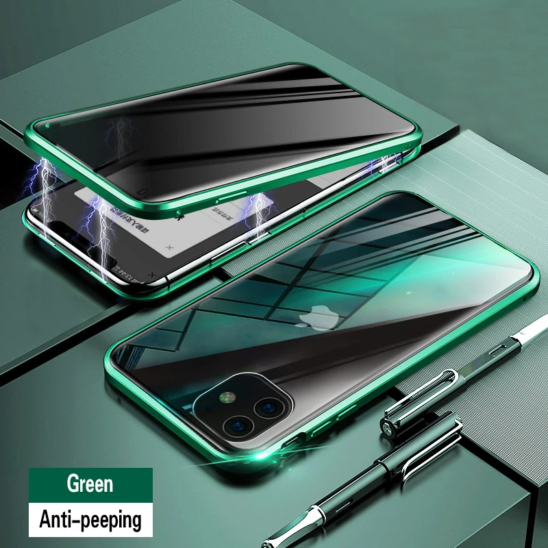 Green Магнитный чехол из закаленного стекла для iphone 11 Pro MAX X XS XR 8 7 6 6s plus, Защитный металлический чехол с защитой на 360 ° - Цвет: Green