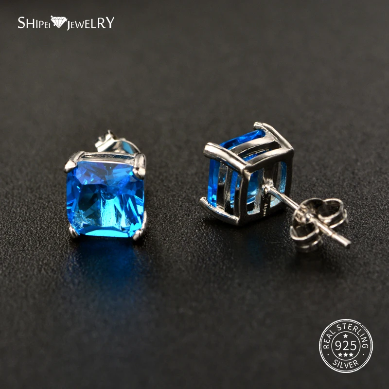 Женские квадратные серьги гвоздики Sapphire ShiPei 100% Стерлинговое Серебро синий