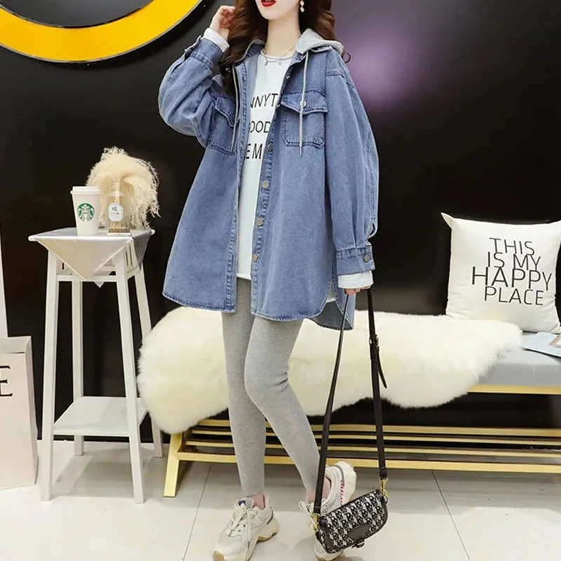 Джинсовая куртка женская с капюшоном Повседневная Верхняя одежда свободного