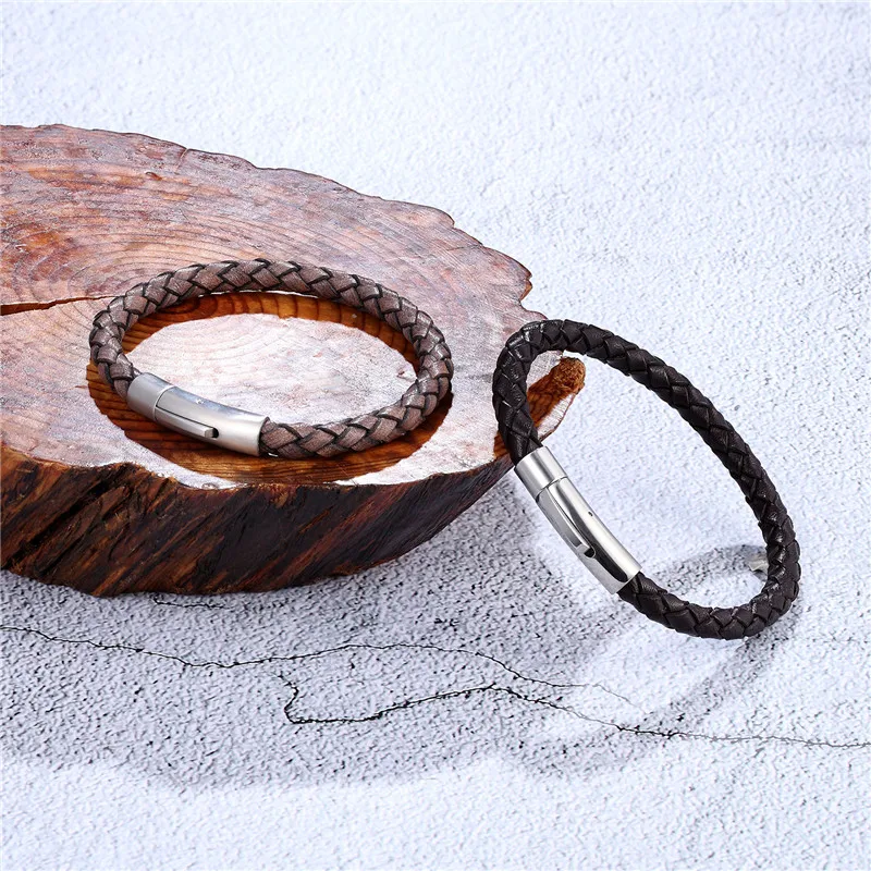 MKENDN новый мужской кожаный плетеный браслет простой черный из нержавеющей стали с