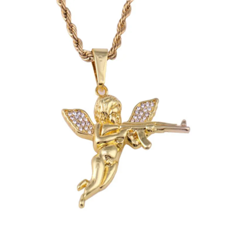 

New pattern Boy Cherub Wings Pendant Necklace Shoot Cupid Love God Gold Color Hip-hop Male Charm Collar Long Chain