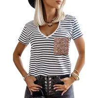 new good quality factory price fashion hot selling womens striped stitching sequined pocket short sleeved t shirt