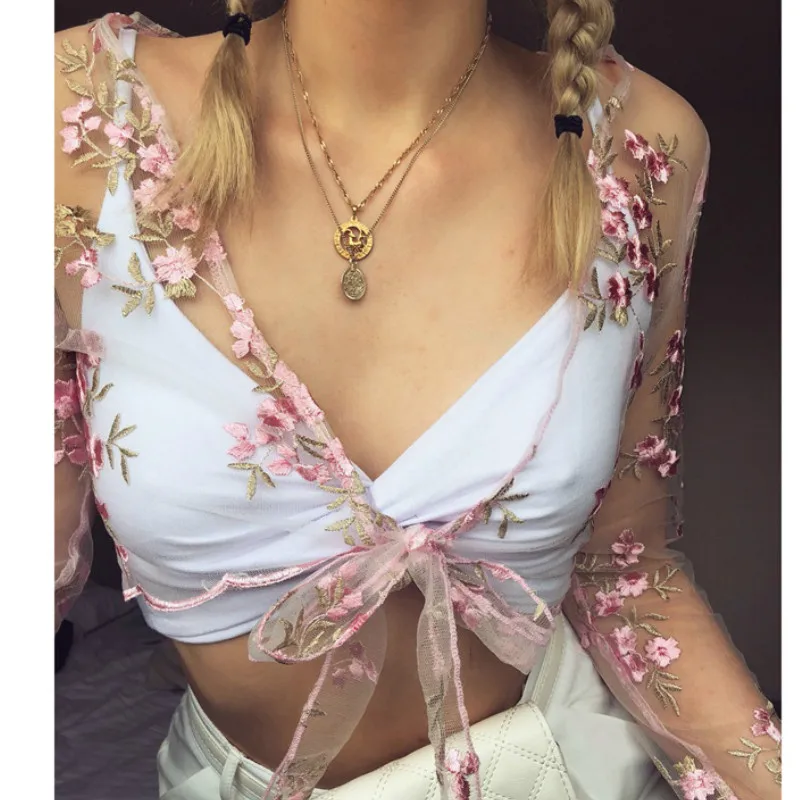 Женская прозрачная сетчатая блузка с цветочной вышивкой короткая длинным