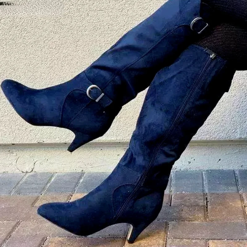 

New Arrivals Women Fashion Faux Suede Knee High Spike Heels Pointed Toe Zip Design Casual Modern Boots Botas De Mujer