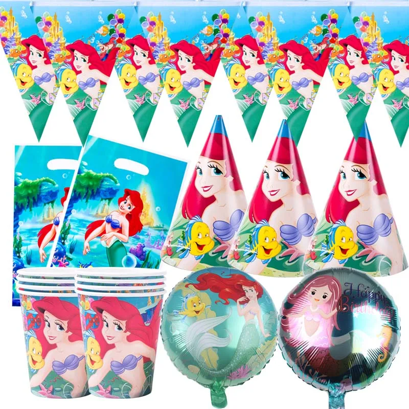 

Disney Little Mermaid Disposable Tableware Birthday Party Supplies Stickers Festival Decoration Event Favor Gender Reveal Girls