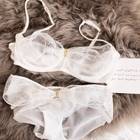 transparent mesh lace half cup lingerie with underpants set ultra thin gather bra briefs set sexy underwire wedding underwear