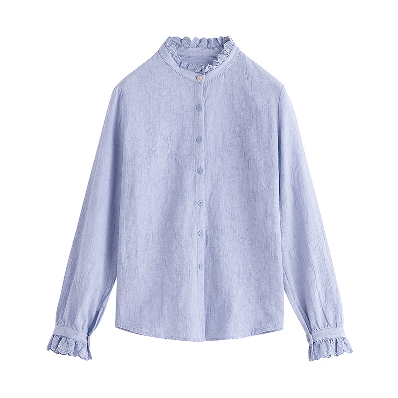 

INMAN 2021 Spring New Arrivals Women's Stand Collar Shirt Cotton Linen Jacquard Lace Long Sleeve Shirt Bubble Sleeve Top