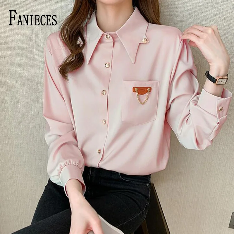 

Blouse 2021 Fashion Long Sleeve Women Blouses And Tops Turn-down Collar Solid Pink Office Shirt Casual Tops Blusas Chemise Femme
