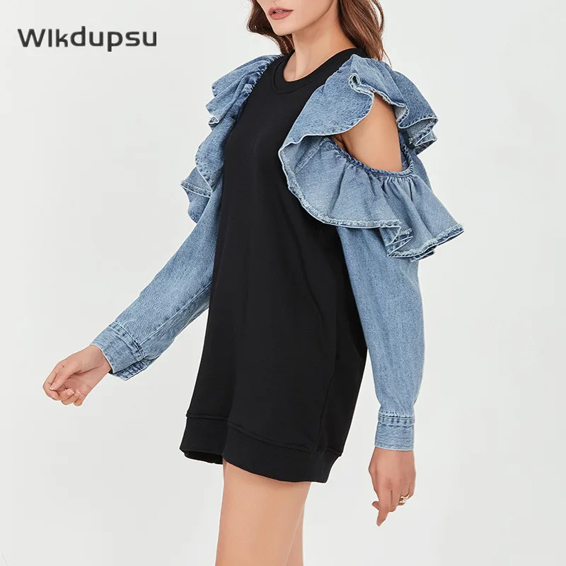 

New Fashion Contrast Patchwork Hoodie Sweatshirt Women Vintage Cotton Runway Designer Denim Long Sleeve Pullover Streetwear Tops