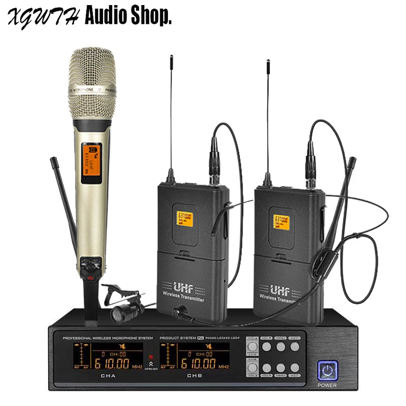 UHF Беспроводная микрофонная система DJ Караоке 2 портативная гарнитура лавалер