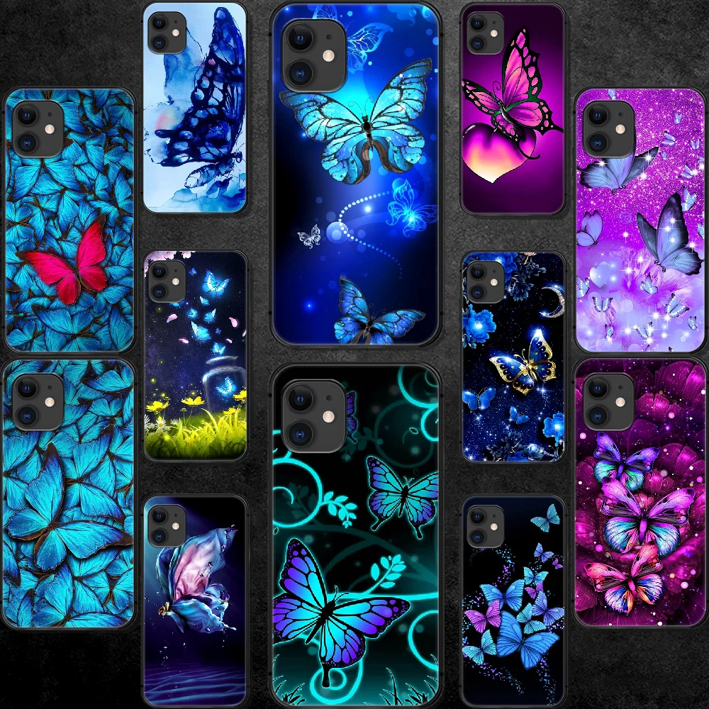 

Beauty Butterfly Colorful Art Phone Case For Iphone 5 5S SE 2020 6 6S 7 8 Plus 11 12 Mini X XS XR Pro Max black Cover Tpu Back