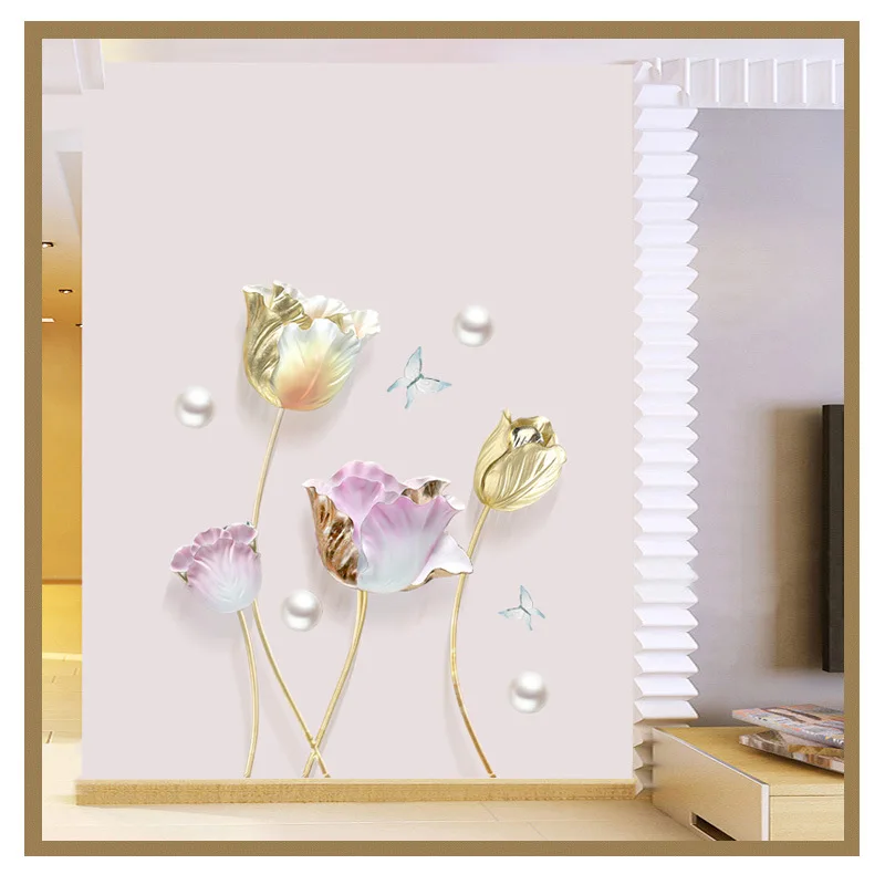 Съемные Виниловые Настенные стикеры 3D в виде тюльпанов и бабочек для гостиной