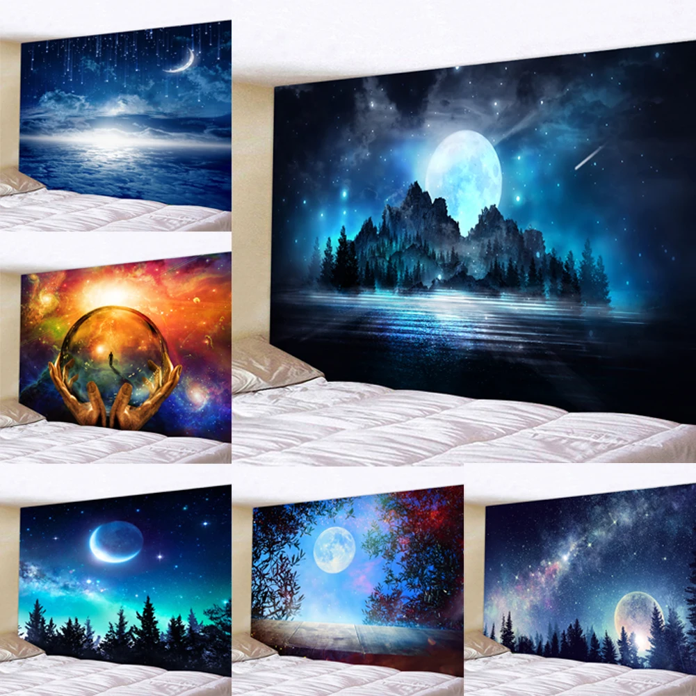 

Настенный Гобелен Galaxy Moon с изображением леса, деревьев, ландшафта, хиппи, психоделического тапиза, звездного неба, спальни, домашний декор, н...