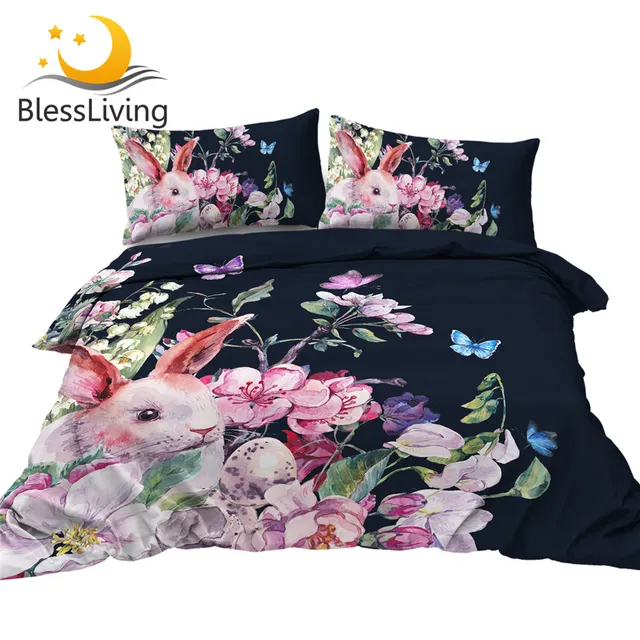 BlessLiving Rabbit Bedding Set Cartoon Animal Duvet Cover Set for Kids Cute Bed Cover Floral 3D Bedspreads Flower Home Decor 1